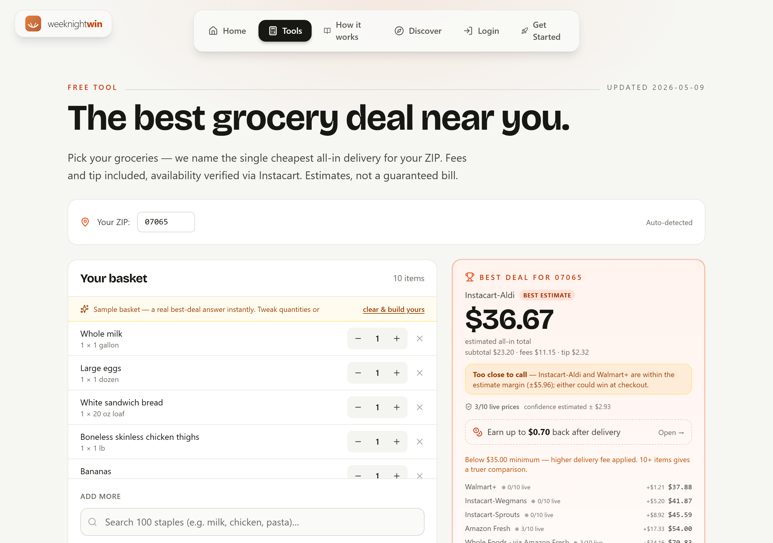 Production screenshot of the Best Deal Finder tool showing a 10-item basket and Instacart-Aldi named the best estimate at $36.67 all-in for ZIP 07065